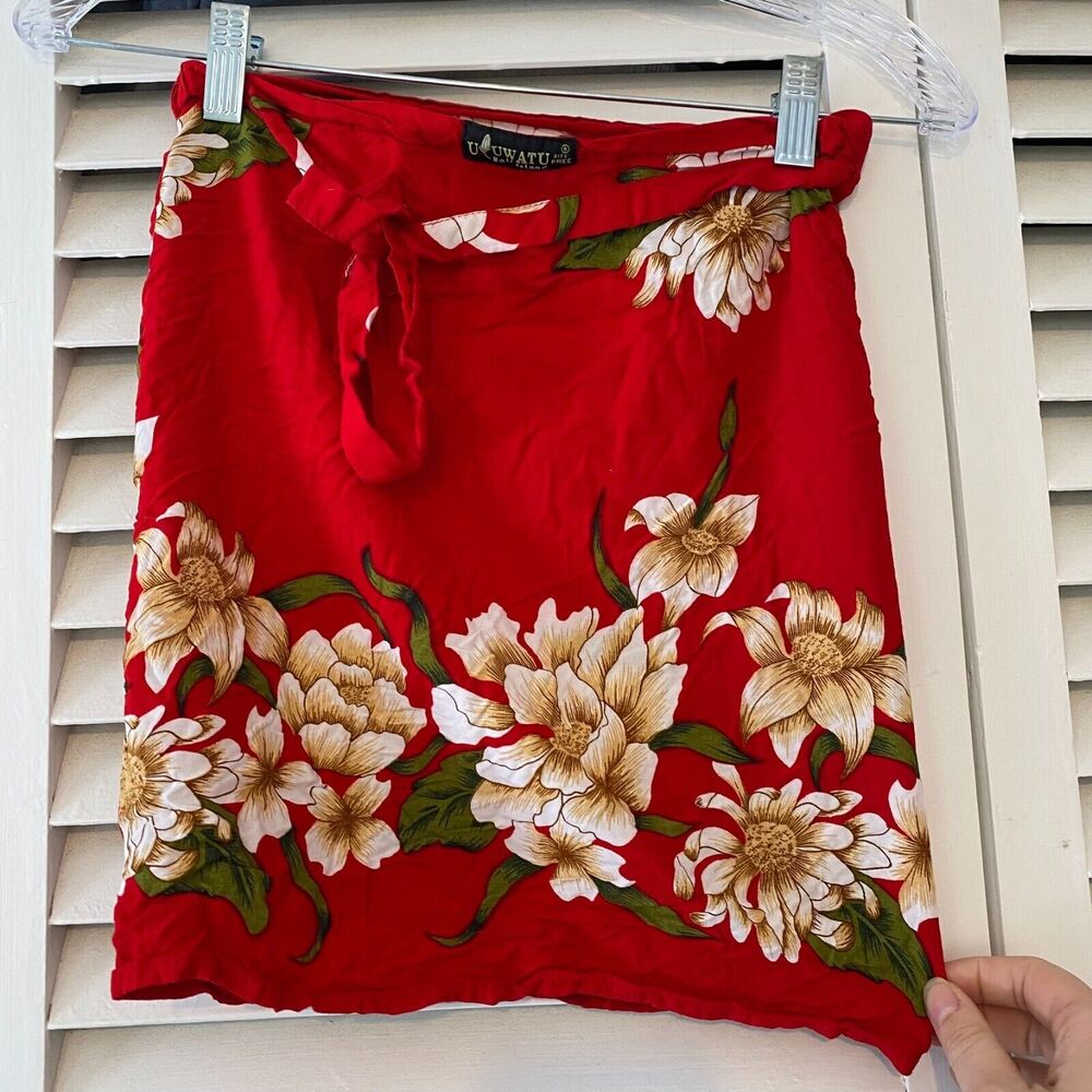 Vintage Uluwatu Free Size Boho Hippie Red Beachy Hawaiian Print Wrap Mini Skirt